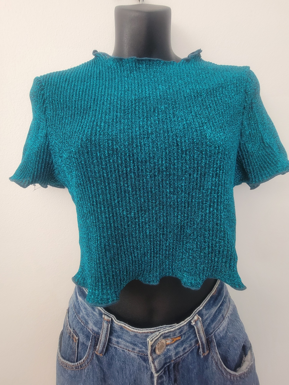 Teal Metallic Ribbed Crop Top - Women's Shimmer Knit